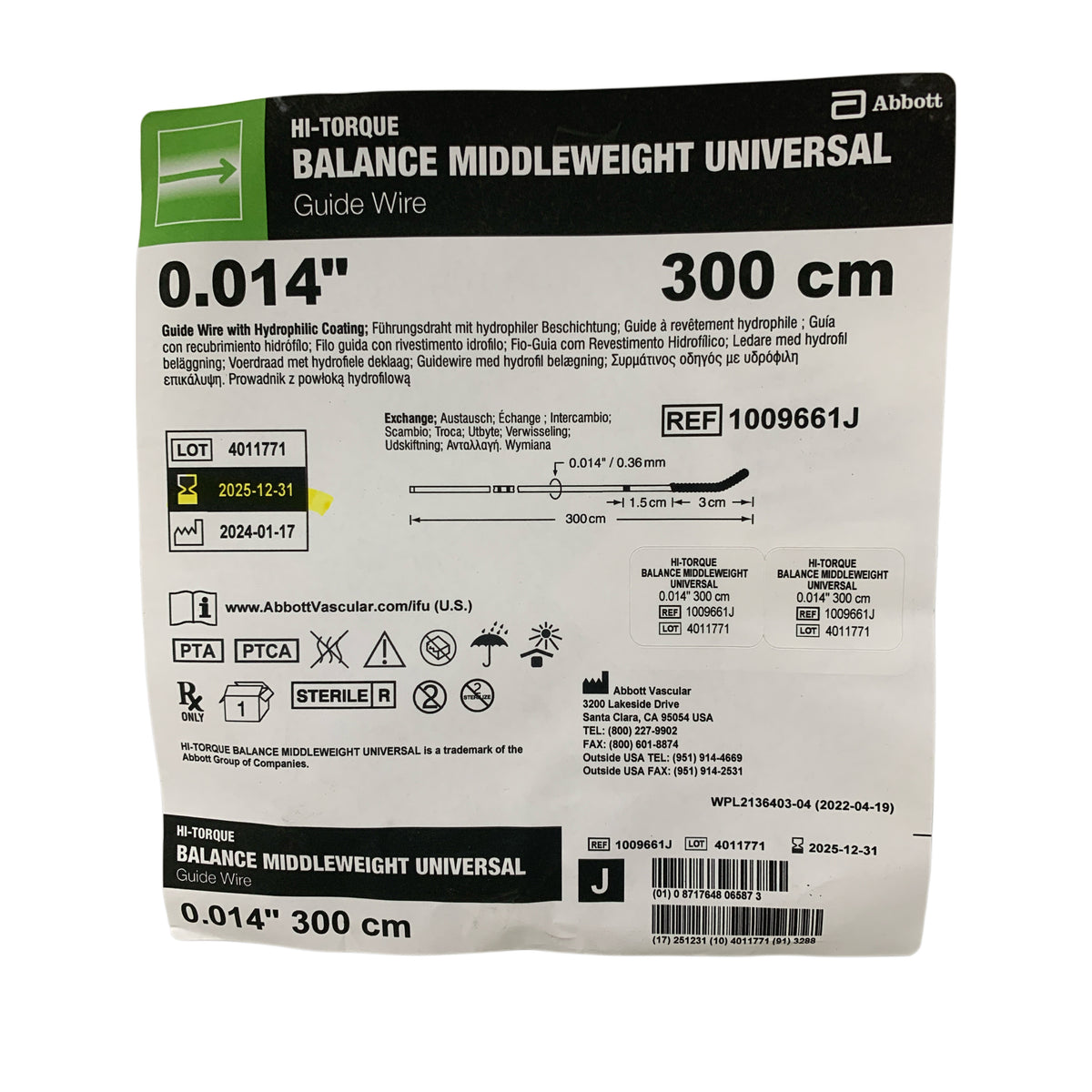 ABBOTT 1009661J HI TORQUE BALANCE MIDDLEWEIGHT UNIVERSAL Guide Wire 0.014 in 300 cm Exp 2025 12
