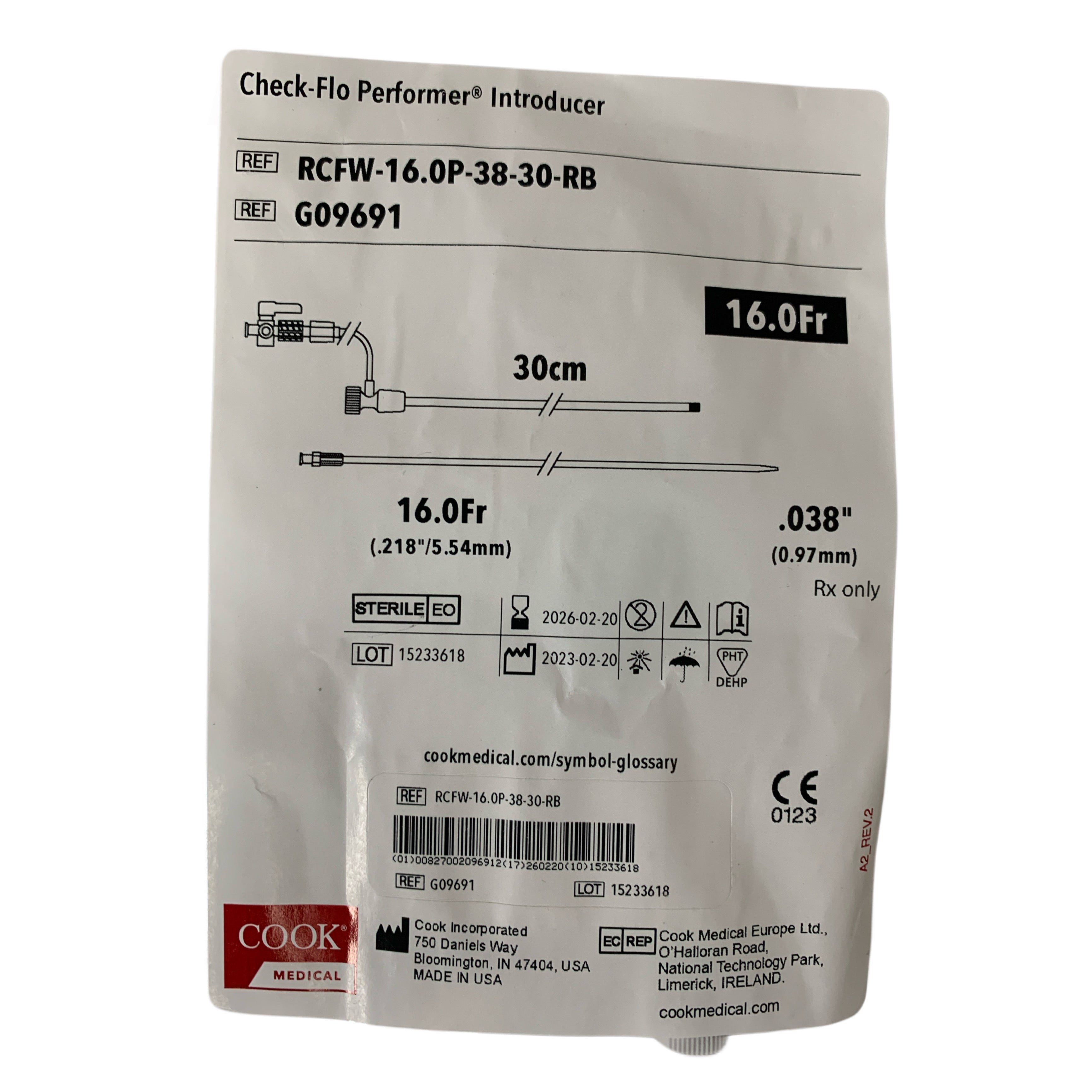 COOK MEDICAL REF RCFW-16.0P-38-30-RB / G09691 Check-Flo Performer Introducer 16.0Fr 30cm .038, Exp.2026/02