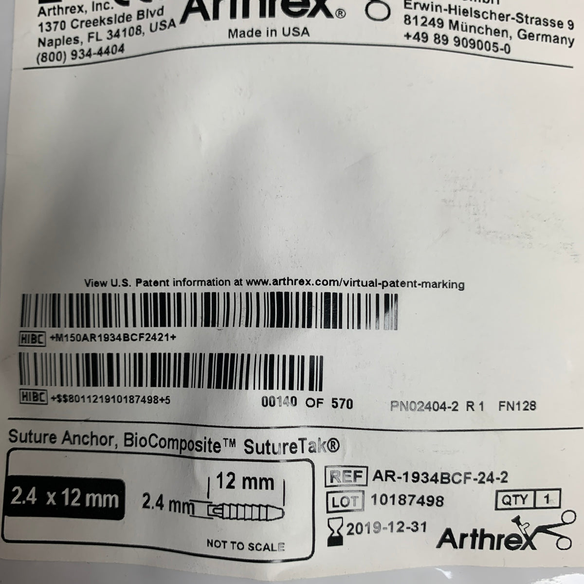 ARTHREX AR-1934BCF-24-2 BioComposite SutureTak Suture Anchor 2.4 x 12mm, EXP 2019-12