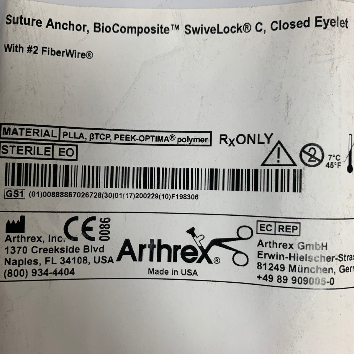 ARTHREX AR-2323BCC BioComposite SwiveLock C Suture Anchor 5.5 x 19.1mm, EXP 2020-02