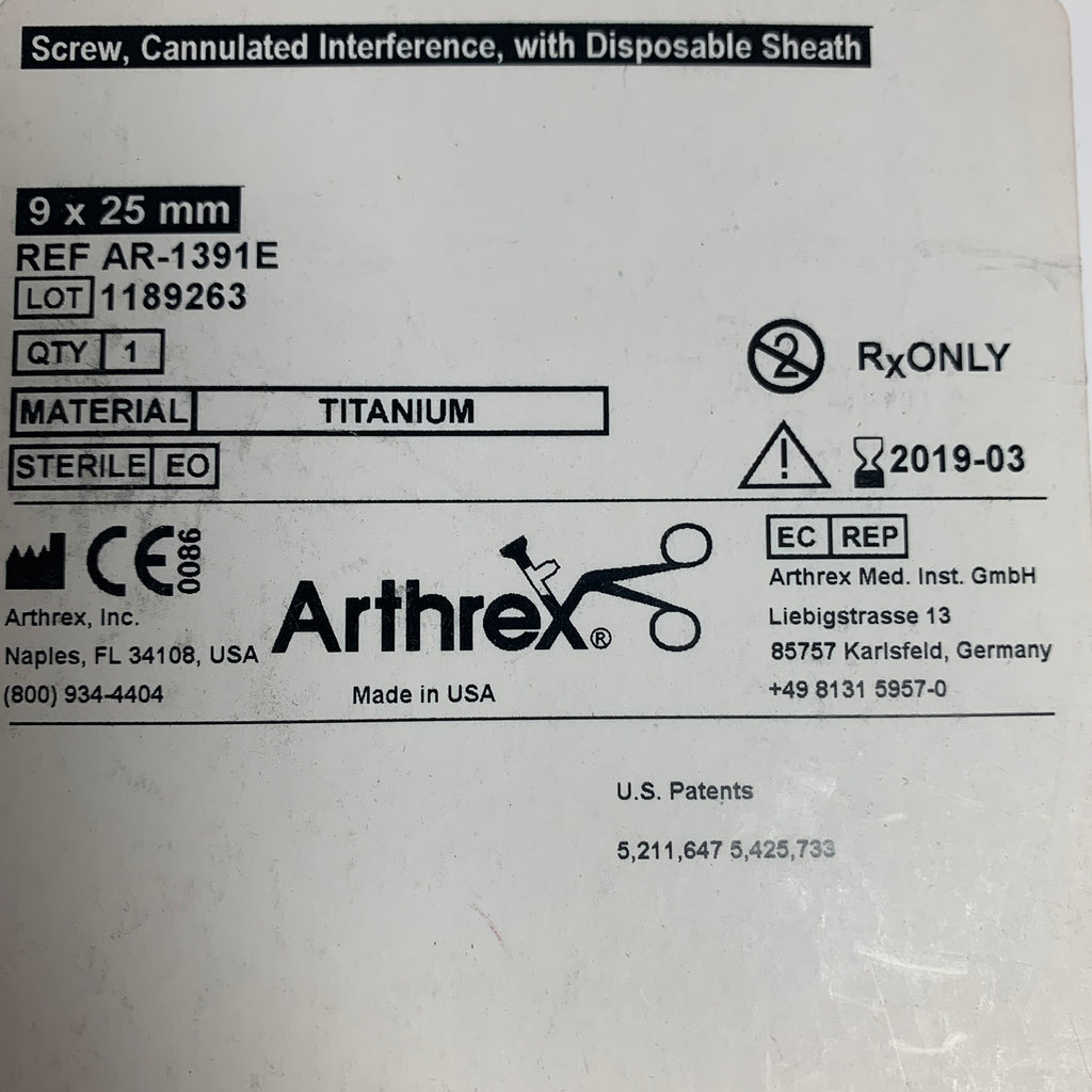ARTHREX AR-1391E Screw Cannulated Interference with Disposable Sheath 9 x 25 mm EXP 2019 03