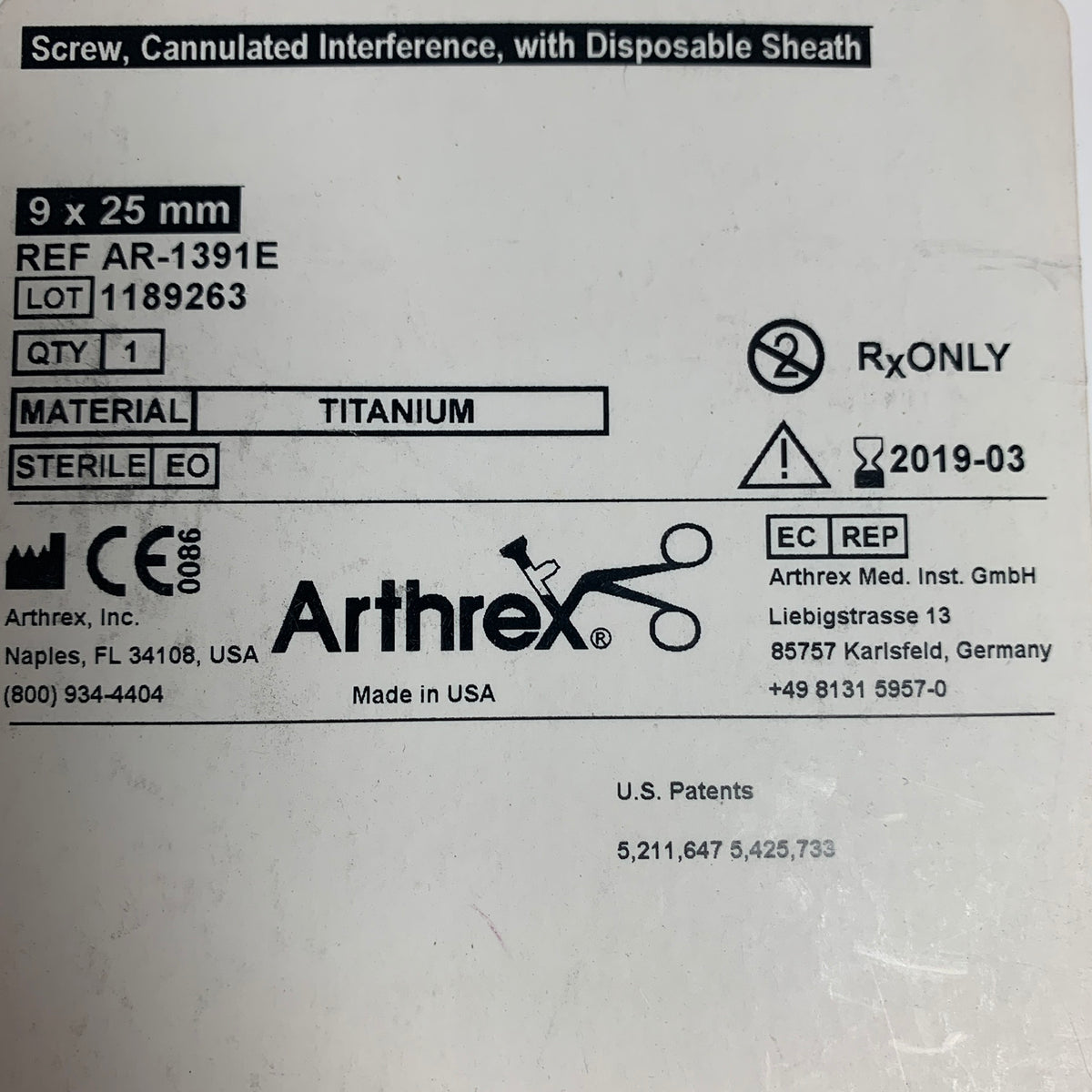 ARTHREX AR-1391E Screw Cannulated Interference with Disposable Sheath 9 x 25 mm EXP 2019 03