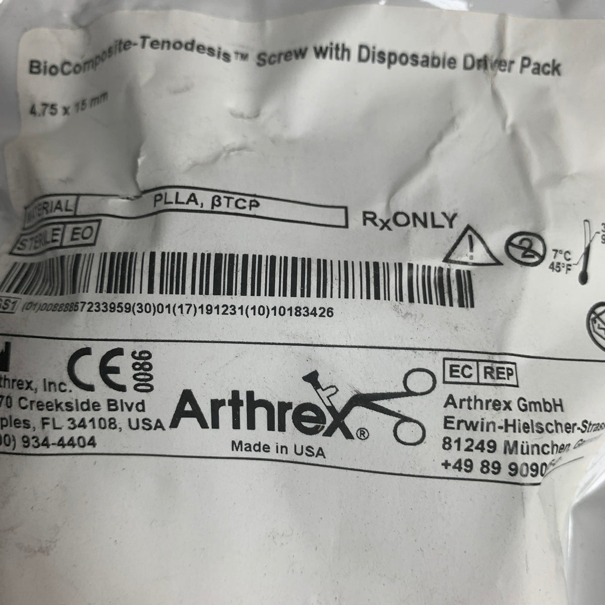 ARTHREX AR-1547CDS BioComposite Tenodesis Screw 4.75 x 15mm with Disposable Driver Pack EXP 2019 12