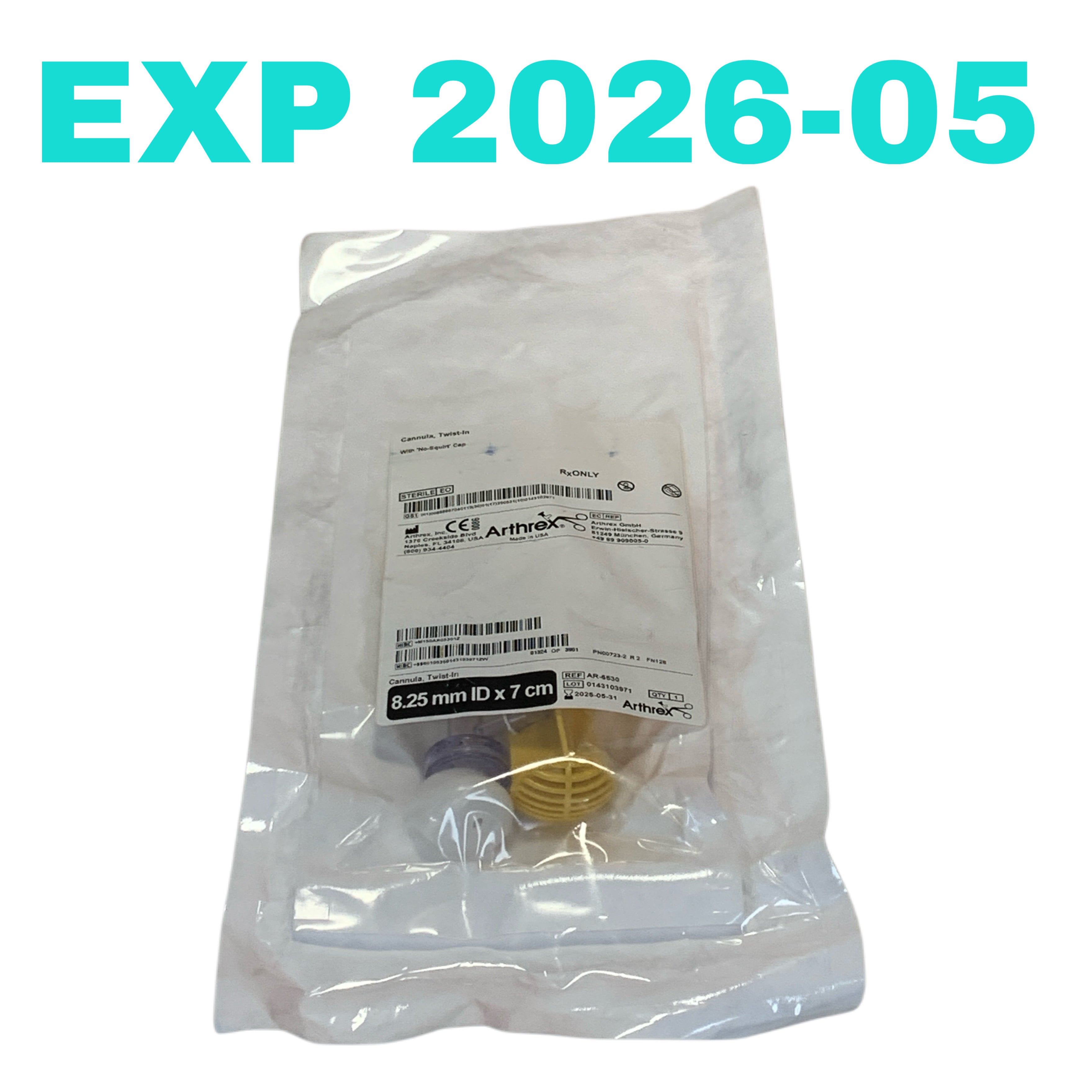 ARTHREX REF AR-6530 Twist-In Cannula 8.25 mm ID x 7 cm with No-Squirt Cap, Exp.2025/05