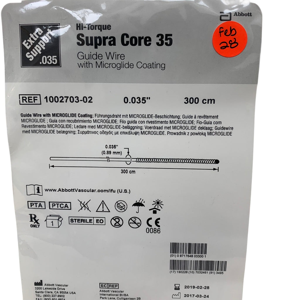 ABBOTT 1002703-02 Hi-Torque Supra Core 35 Extra Support Guide Wire Microglide 0.035in (0.89mm) 300cm Exp 2019 02