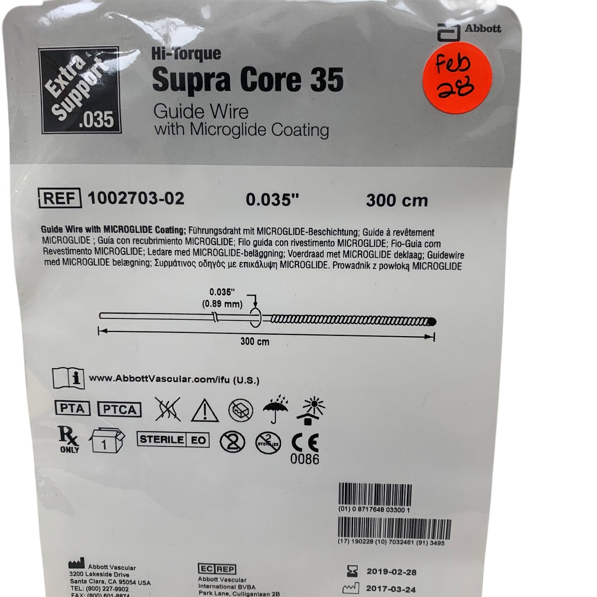 ABBOTT 1002703-02 Hi-Torque Supra Core 35 Extra Support Guide Wire Microglide 0.035in (0.89mm) 300cm Exp 2019 02