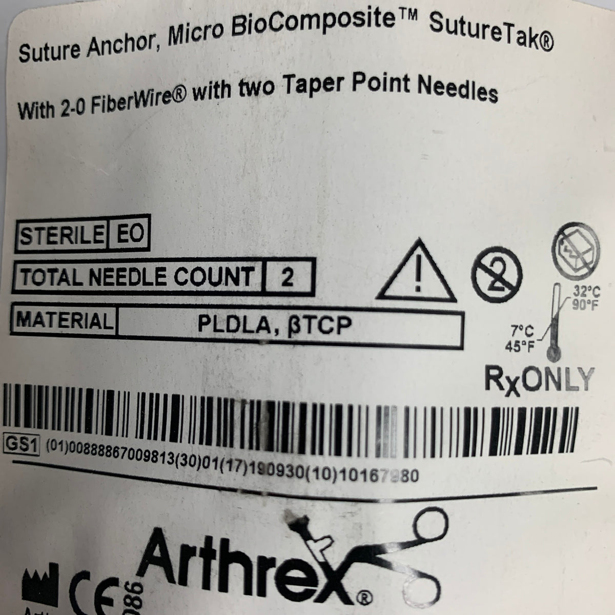 ARTHREX AR-1320BCNF Micro BioComposite SutureTak 2.4 x 6.5mm Anchor with 2-0 FiberWire, EXP 2019-09
