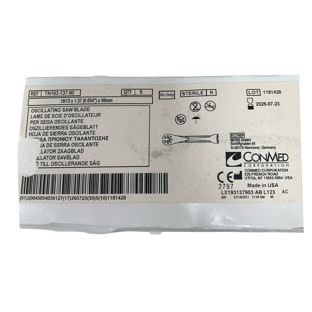 CONMED TN193-137-90  Oscillating Saw Blade 19/13 x 1.37 (0.054") x 90mm Box of 5 Exp 2026 07