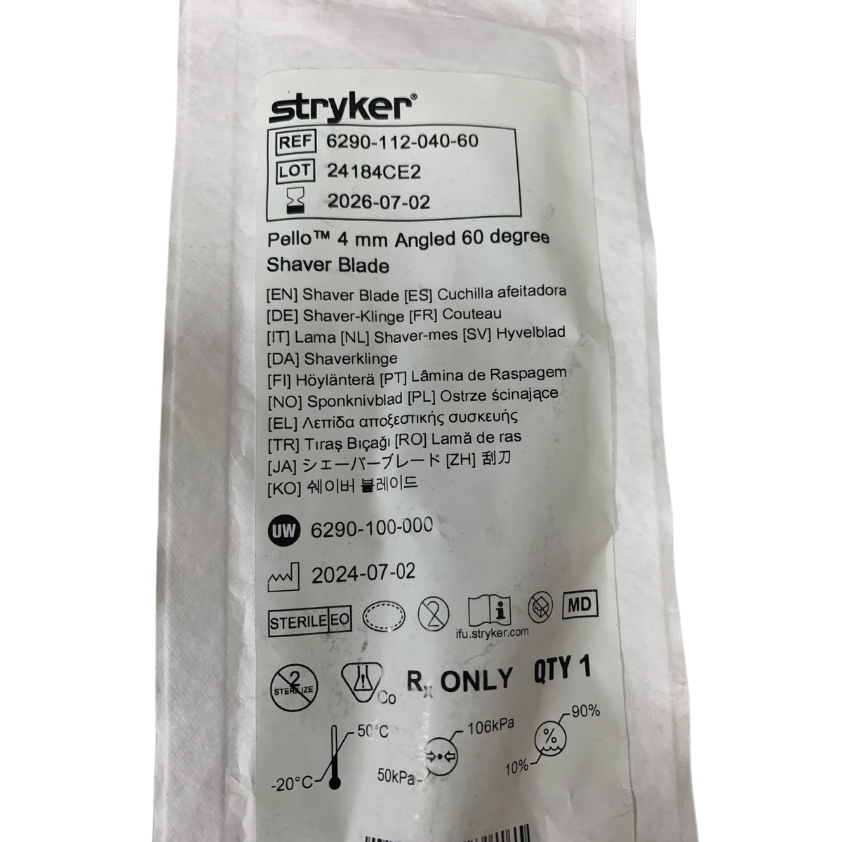 STRYKER 6290-112-040-60 Pello 4 mm Angled 60 degree Shaver Blade Exp 2026 07