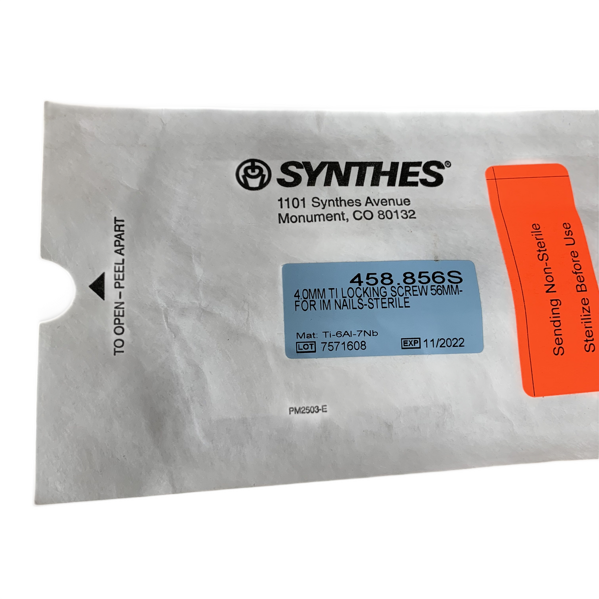 SYNTHES 458.856S 4.0MM TI LOCKING SCREW 56MM FOR IM NAILS STERILE EXP 2022 11