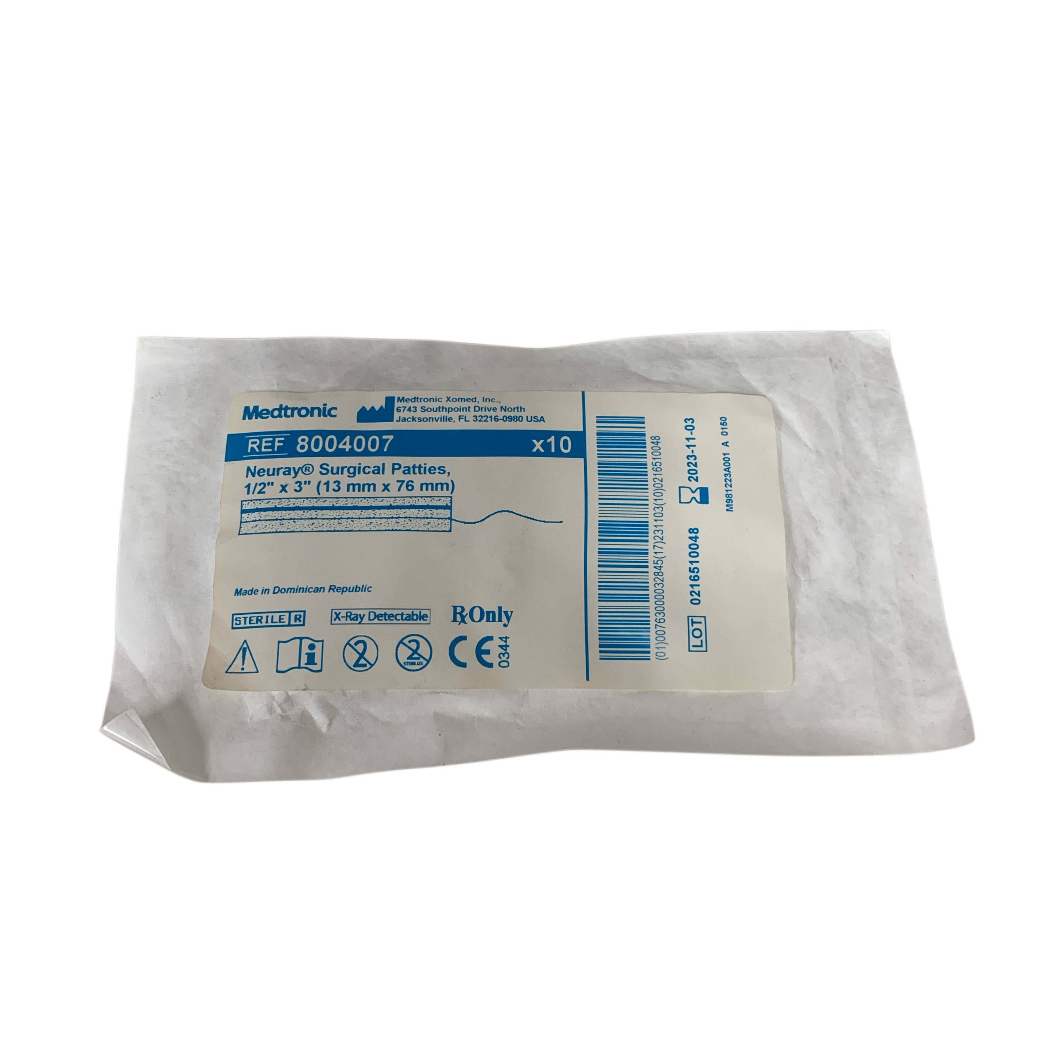 MEDTRONIC REF 8004007 Neuray Surgical Patties 1/2" x 3" (13mm x 76mm) Pack of 10, Exp.2023/11