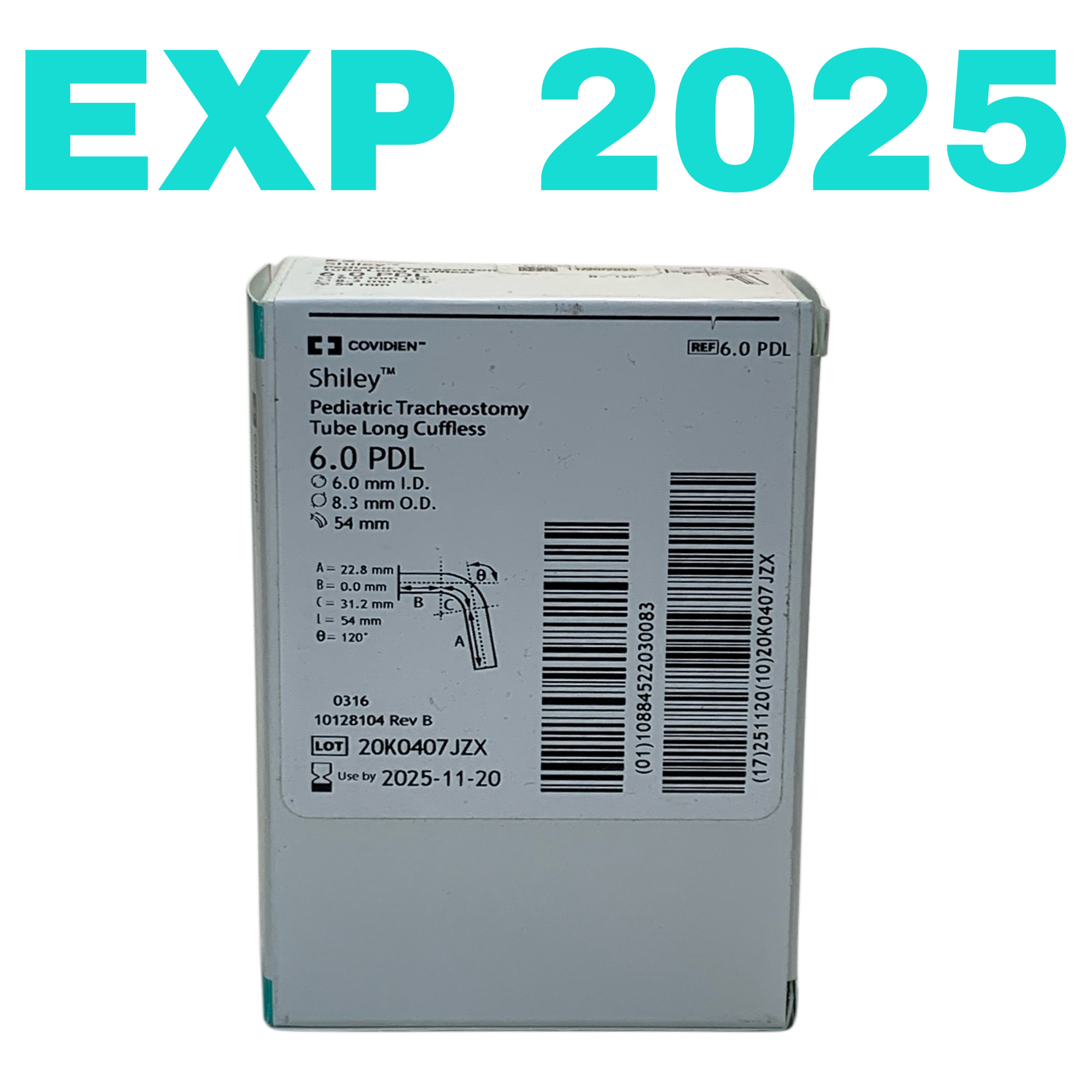COVIDIEN REF 6.0 PDL Shiley Pediatric Tracheostomy Tube Long Cuffless 6.0mm I.D. 54mm, Exp.2025/11