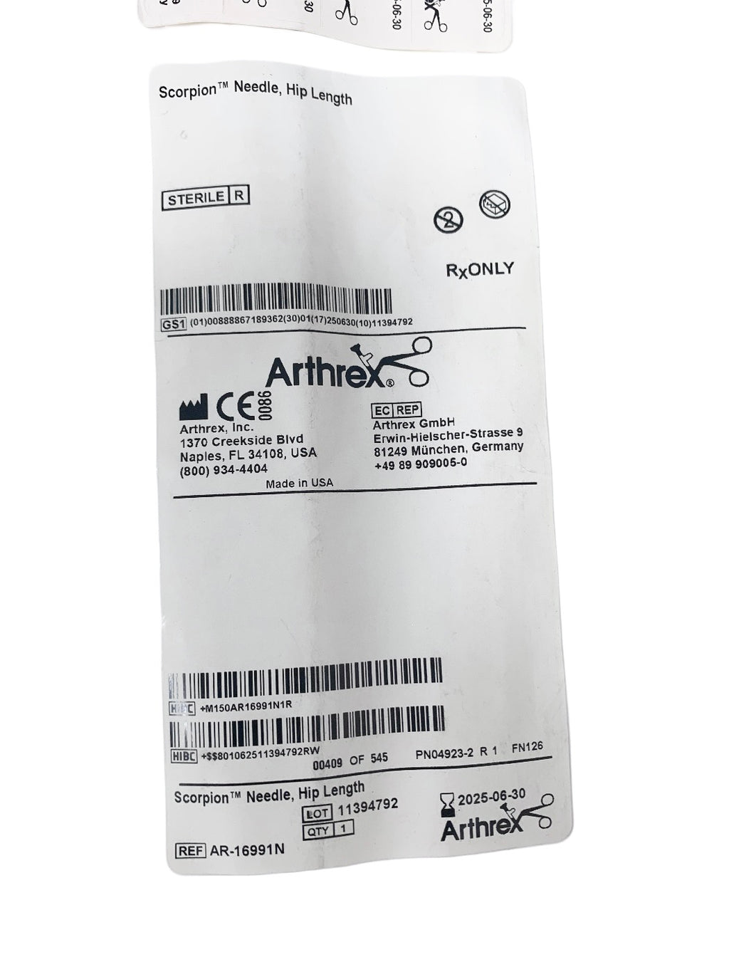 ARTHREX REF AR-16991N Scorpion Needle Hip Length EXP 2025 06