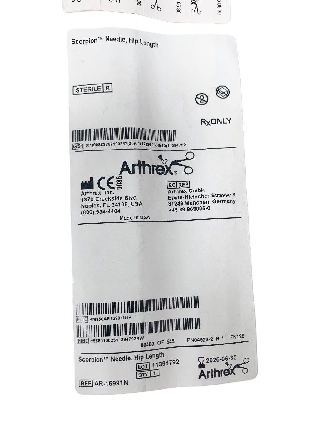 ARTHREX REF AR-16991N Scorpion Needle Hip Length EXP 2025 06