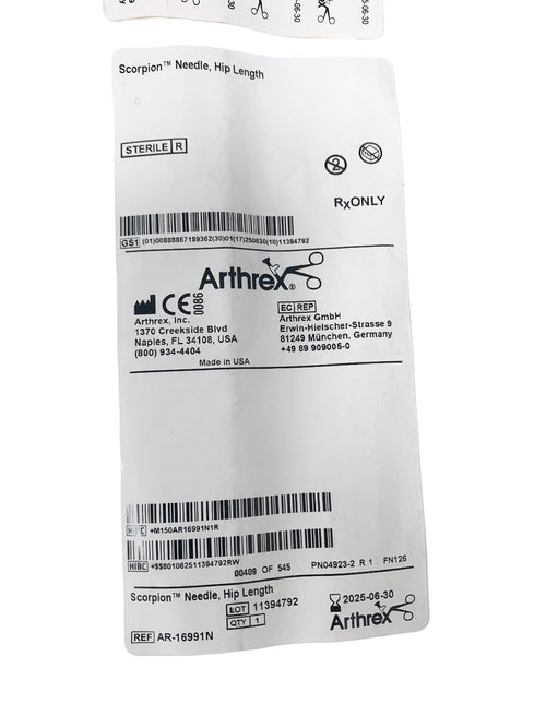 ARTHREX REF AR-16991N Scorpion Needle Hip Length EXP 2025 06