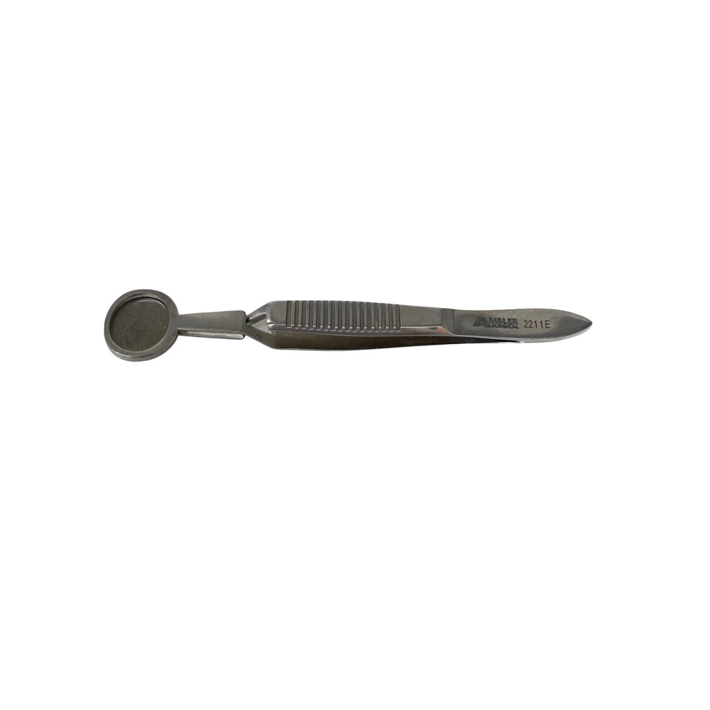 AMBLER REF 2211E Desmarres chalazion forceps 20.0mm solid lower plate, 12.0mm x 14.0mm open upper plate, cross-action flat handle