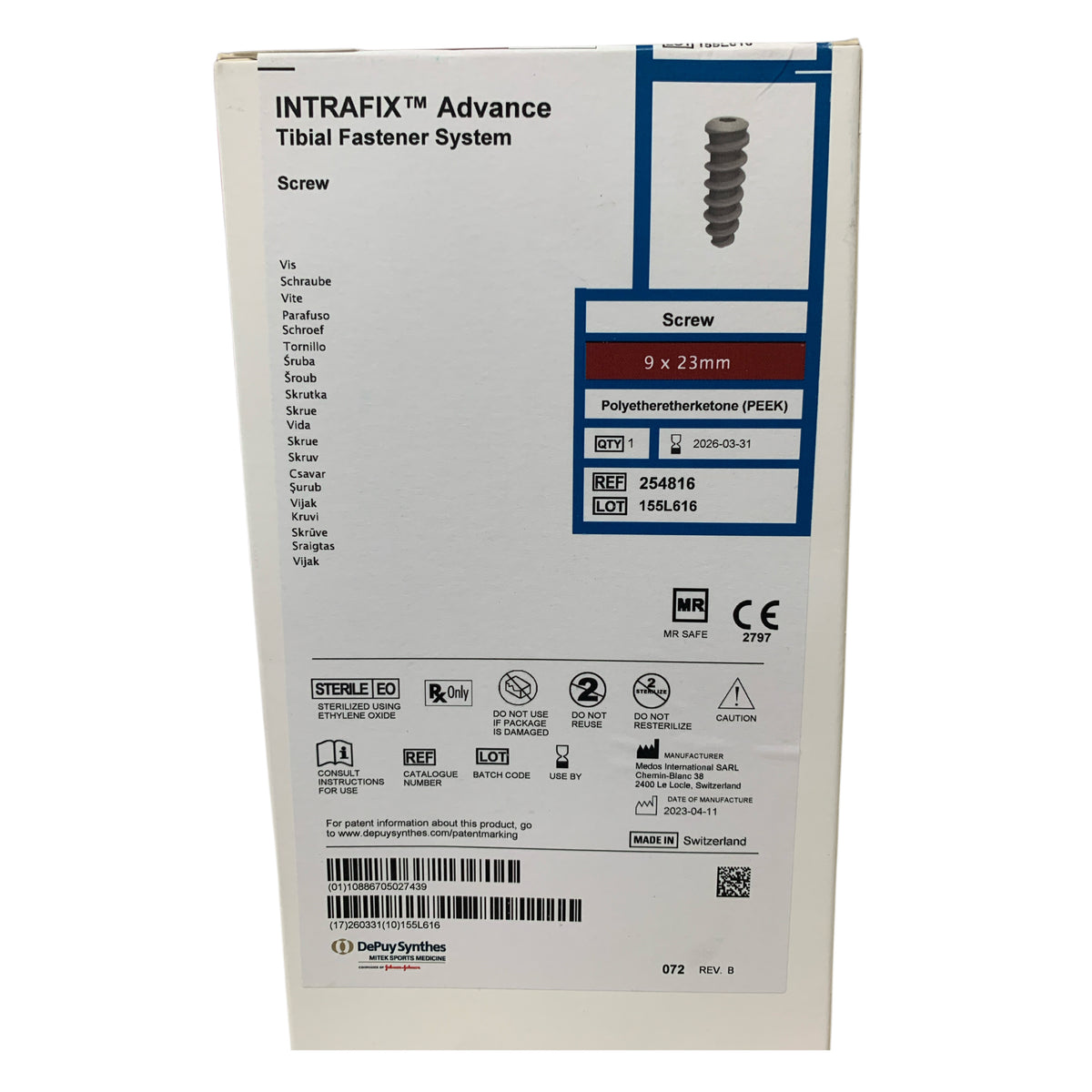 DEPUY SYNTHES 254816 INTRAFIX Advance Tibial Fastener System Screw 9 x 23mm Exp 2026 03