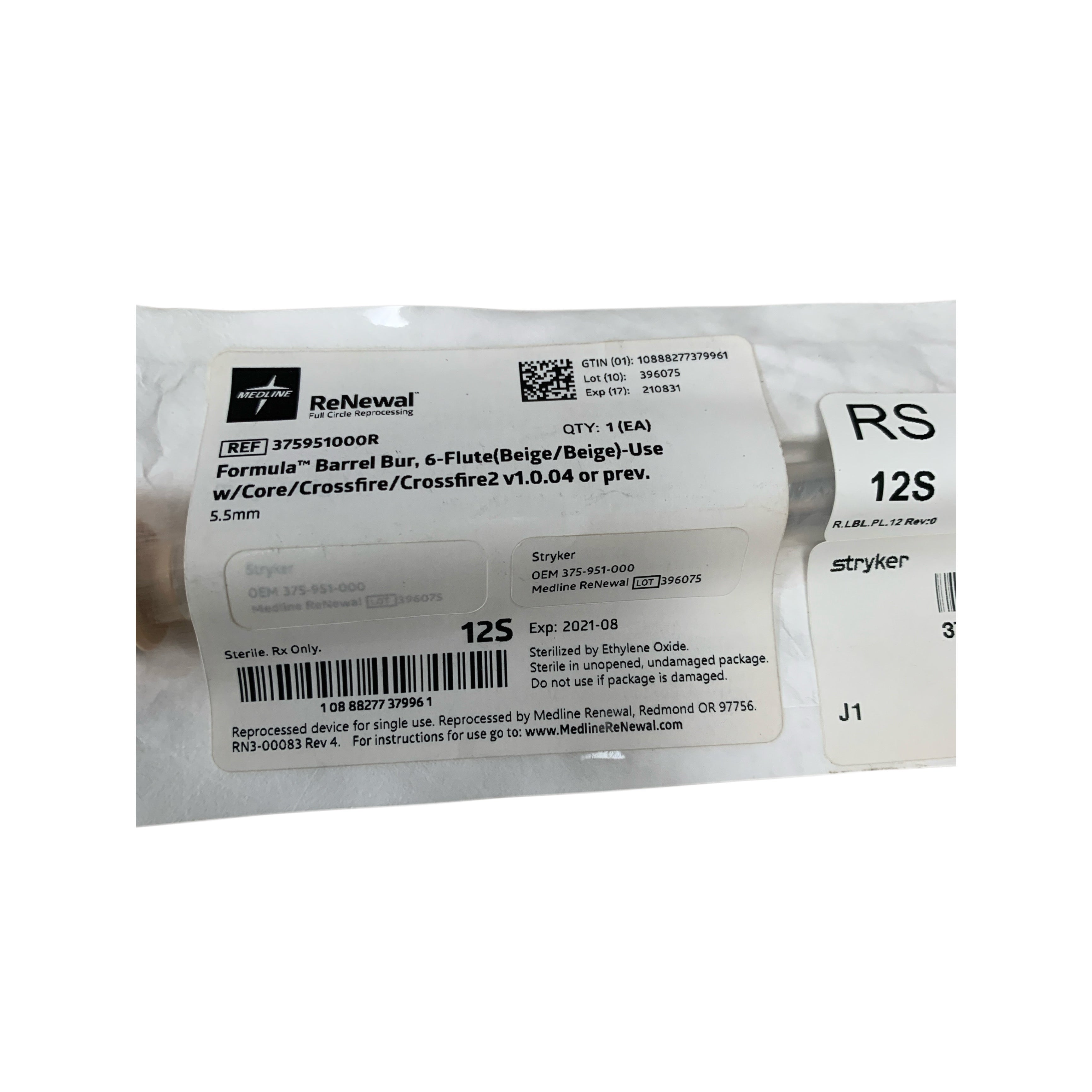 STRYKER Reprocessed 375951000R Formula Barrel Bur 6 Flute Beige 5.5mm Exp 2021 08
