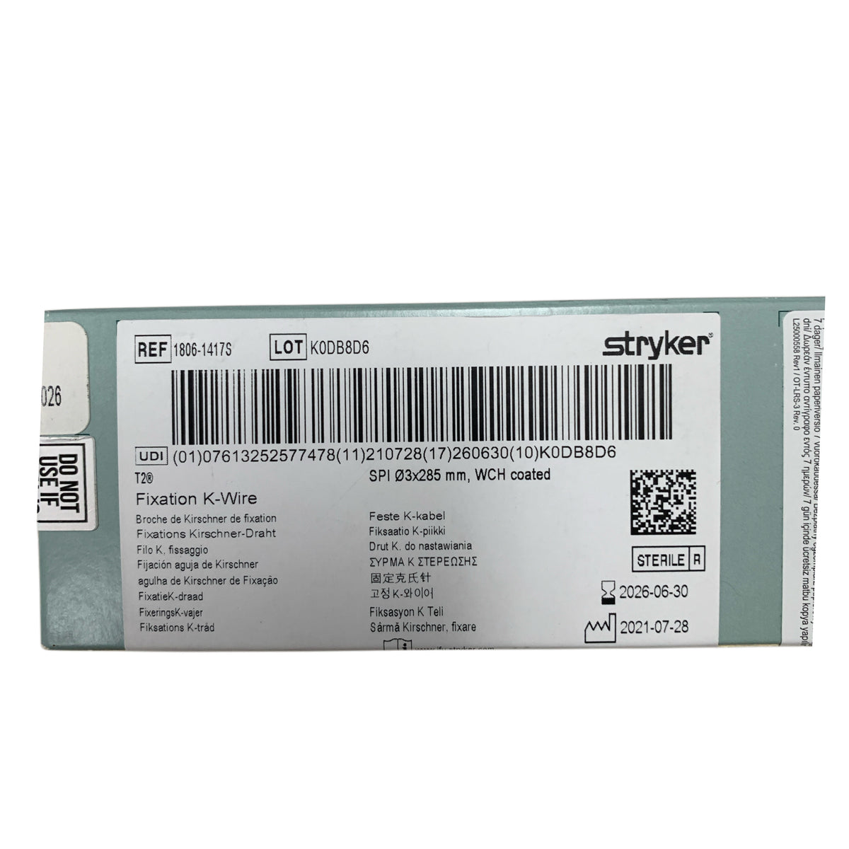 STRYKER 1806-1417S Fixation K-Wire SPI 3x285 mm WCH coated Exp 2026 06