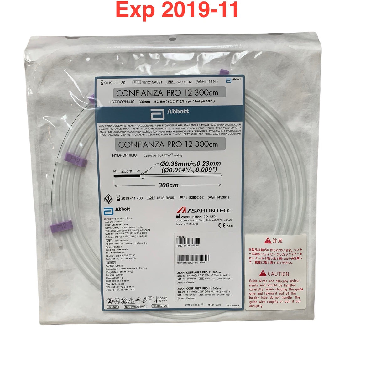 ABBOTT ASAHI INTECC 82902-02 / AGH143391 Confianza Pro 12 Hydrophilic Guide Wire 0.014in (0.36mm) 300cm Exp 2019 11