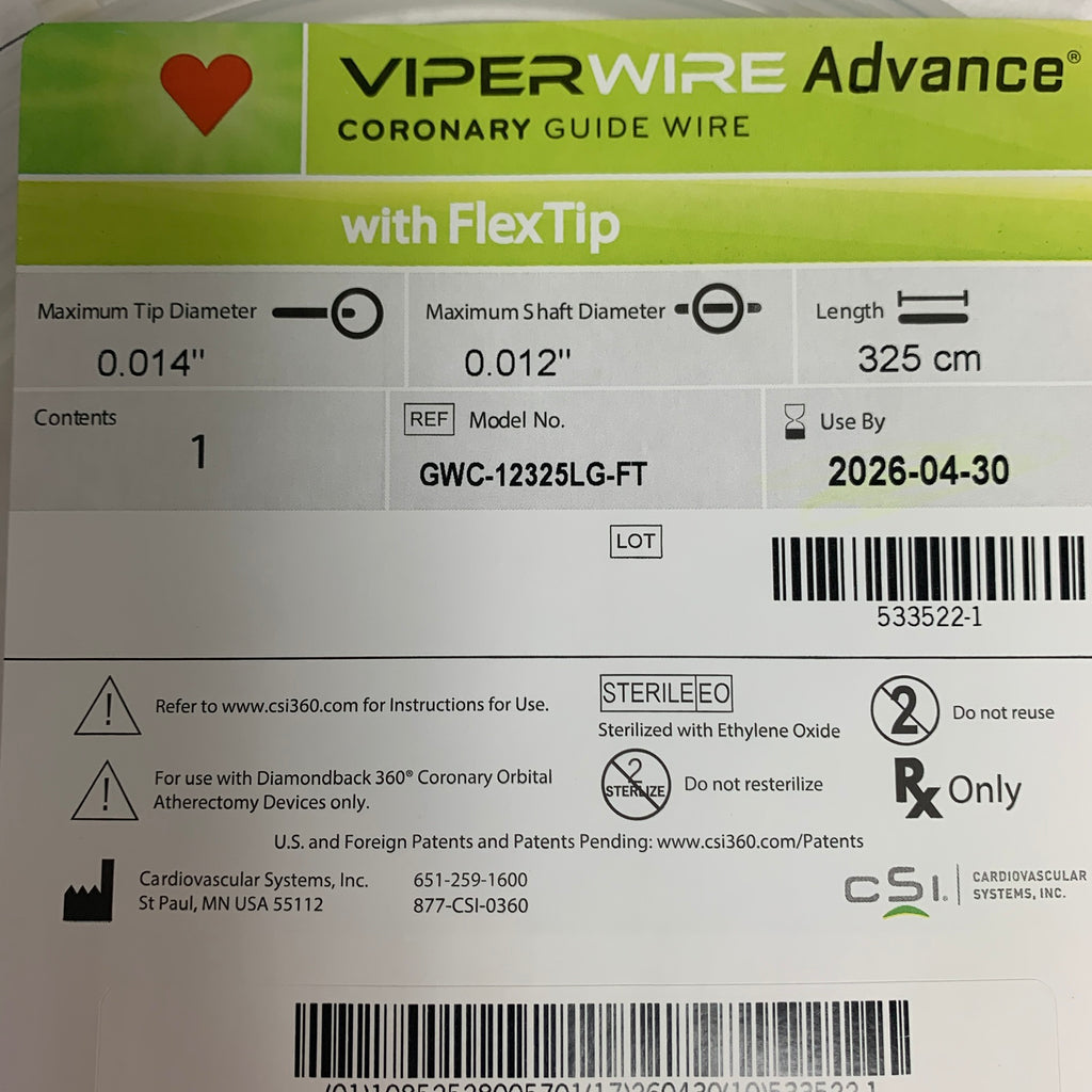 CSI GWC-12325LG-FT ViperWire Advance Coronary Guide Wire FlexTip 0.014in 325cm EXP 2026 04