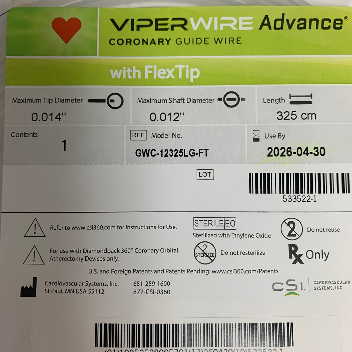 CSI GWC-12325LG-FT ViperWire Advance Coronary Guide Wire FlexTip 0.014in 325cm EXP 2026 04