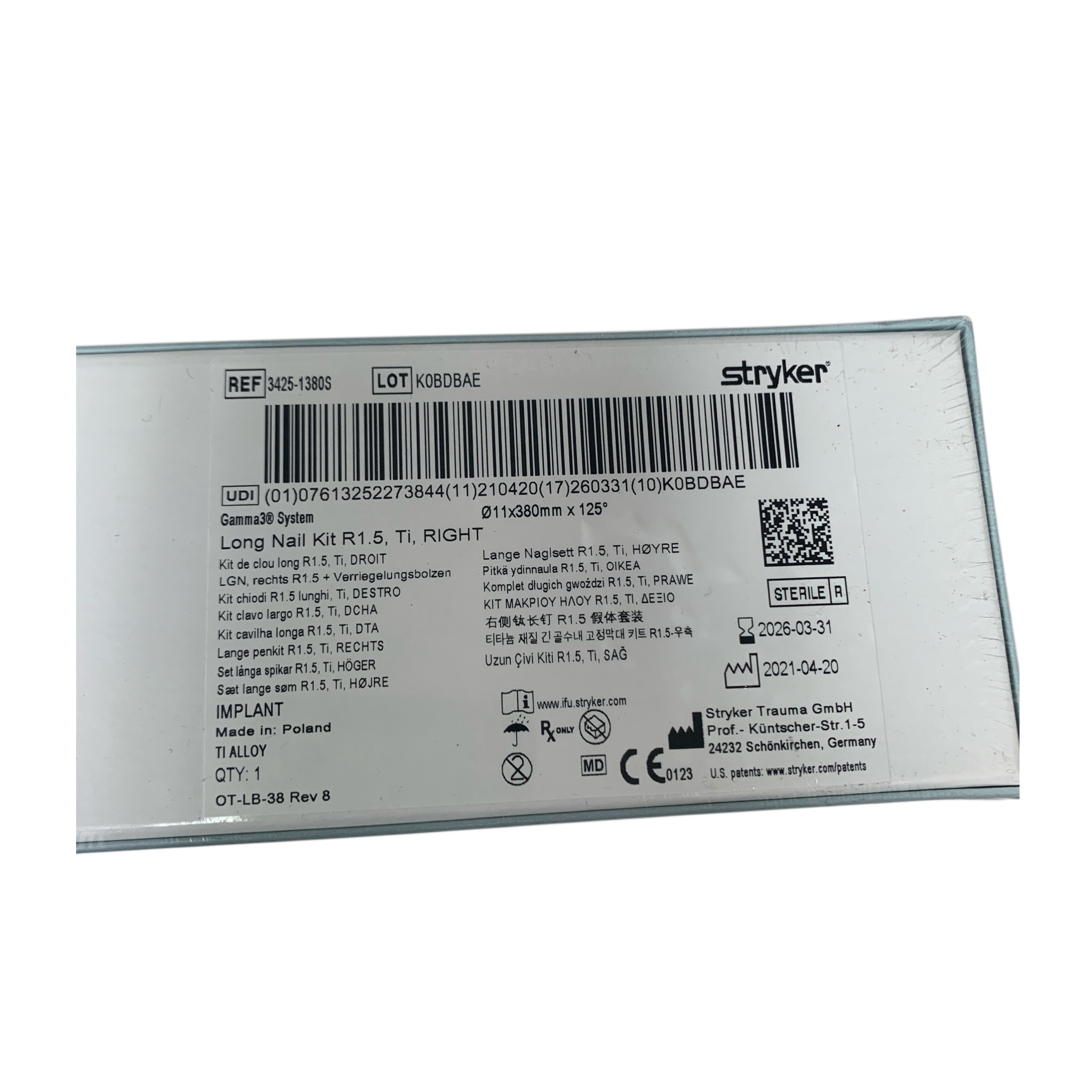STRYKER REF 3425-1380S Gamma3 System Long Nail Kit R1.5 Ti RIGHT 11x380mm x 125° exp 2026 03