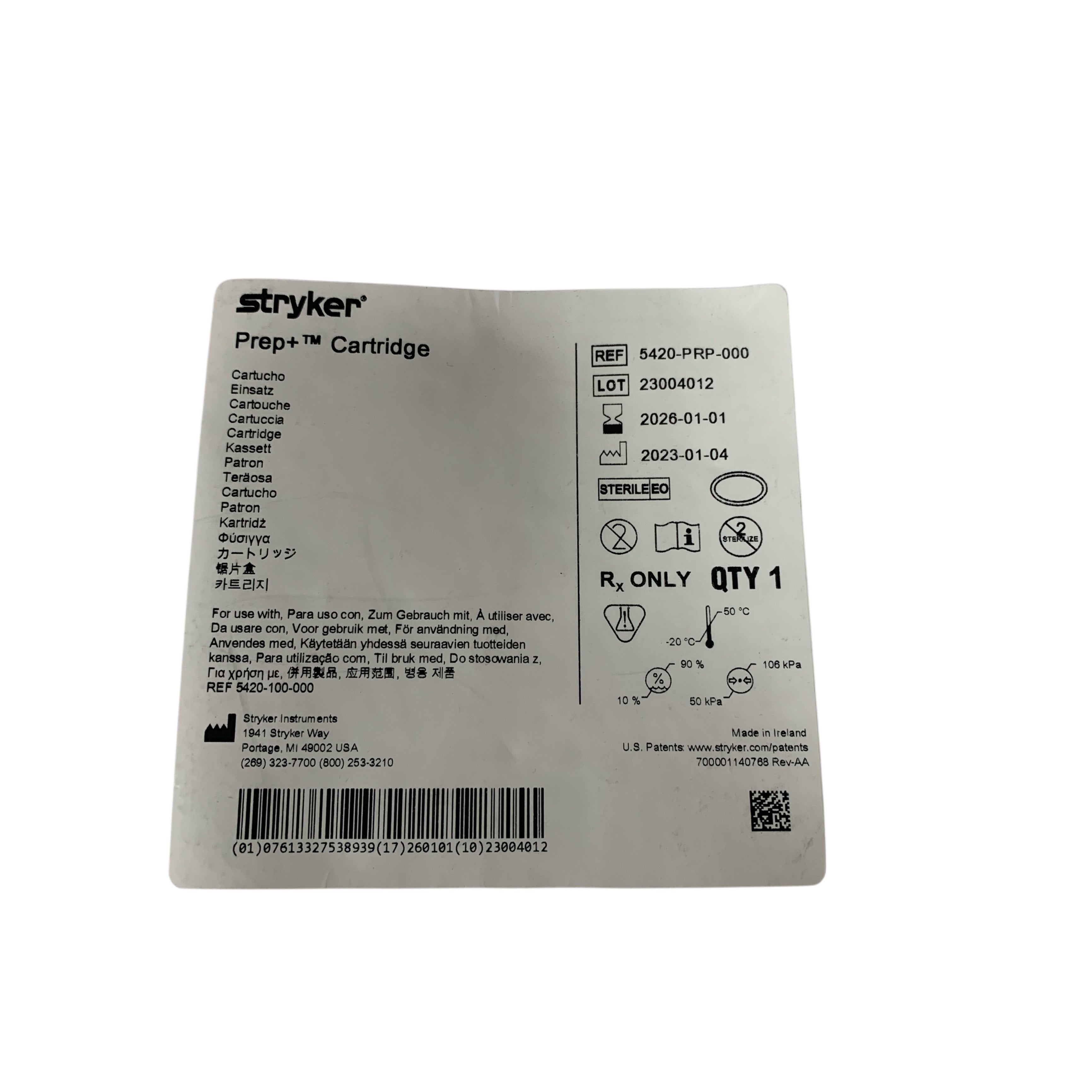STRYKER REF 5420-PRP-000 Prep+ Cartridge, Exp.2026/01