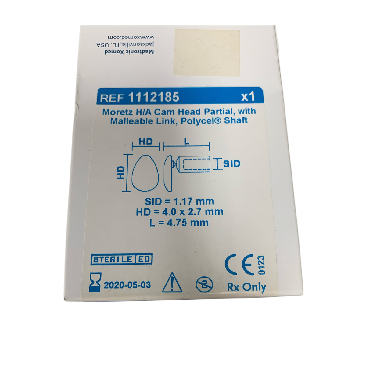 MEDTRONIC XOMED 1112185 Moretz H/A Cam Head Partial with Malleable Link Polycel Shaft SID 1.17 mm HD 4.0 x 2.7 mm L 4.75 mm Exp 2020 05
