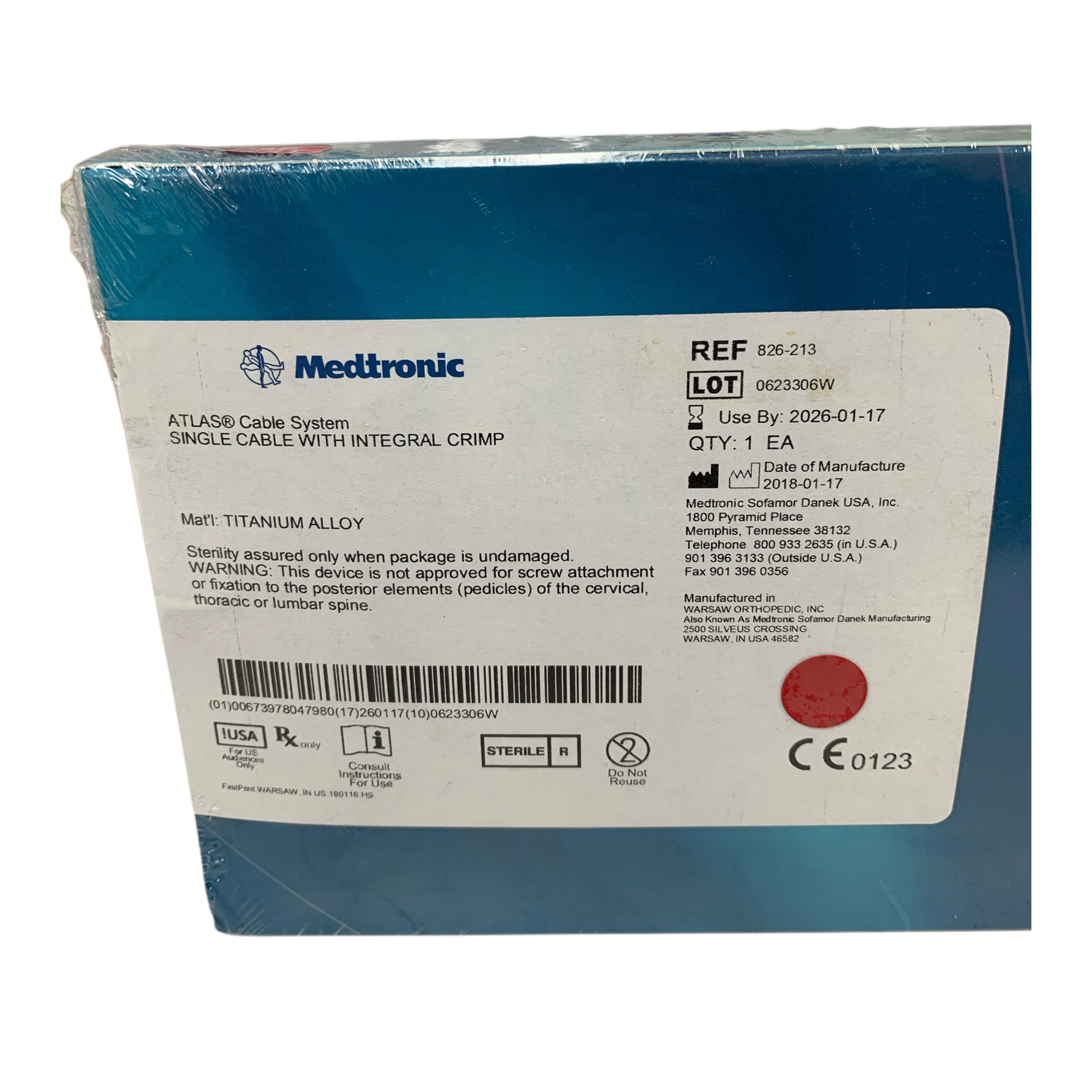 MEDTRONIC REF 826-213 ATLAS Cable System Single Cable with Integral Crimp Titanium Alloy, Exp.2026/01