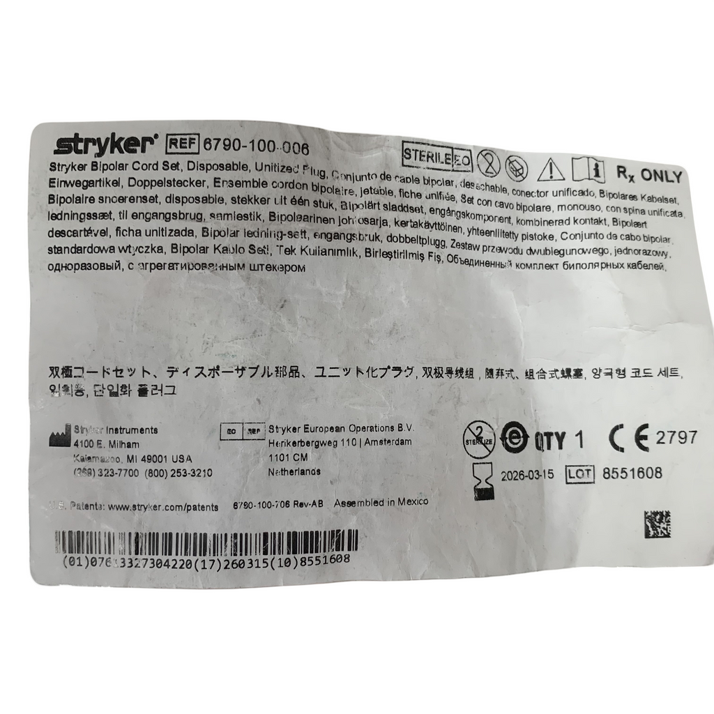 STRYKER 6790-100-006 Bipolar Cord Set Disposable Unitized Plug EXP 2026 03