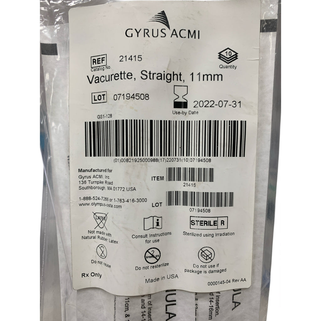 GYRUS ACMI 21415 Vacurette Straight 11mm Box Of 10 Exp 2022 07