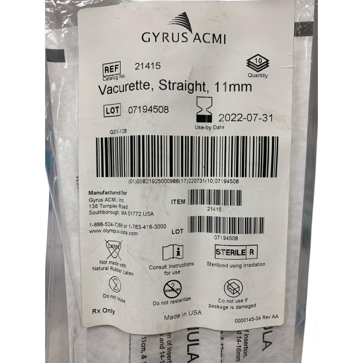 GYRUS ACMI 21415 Vacurette Straight 11mm Box Of 10 Exp 2022 07