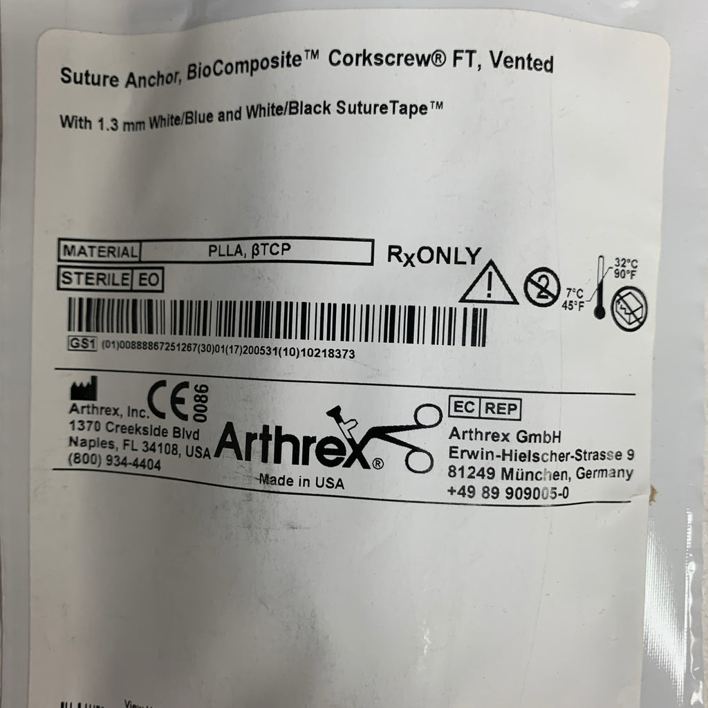 ARTHREX AR-1927BCT BioComposite Corkscrew FT Vented Suture Anchor 5.5 x 14.7mm, EXP 2020-05