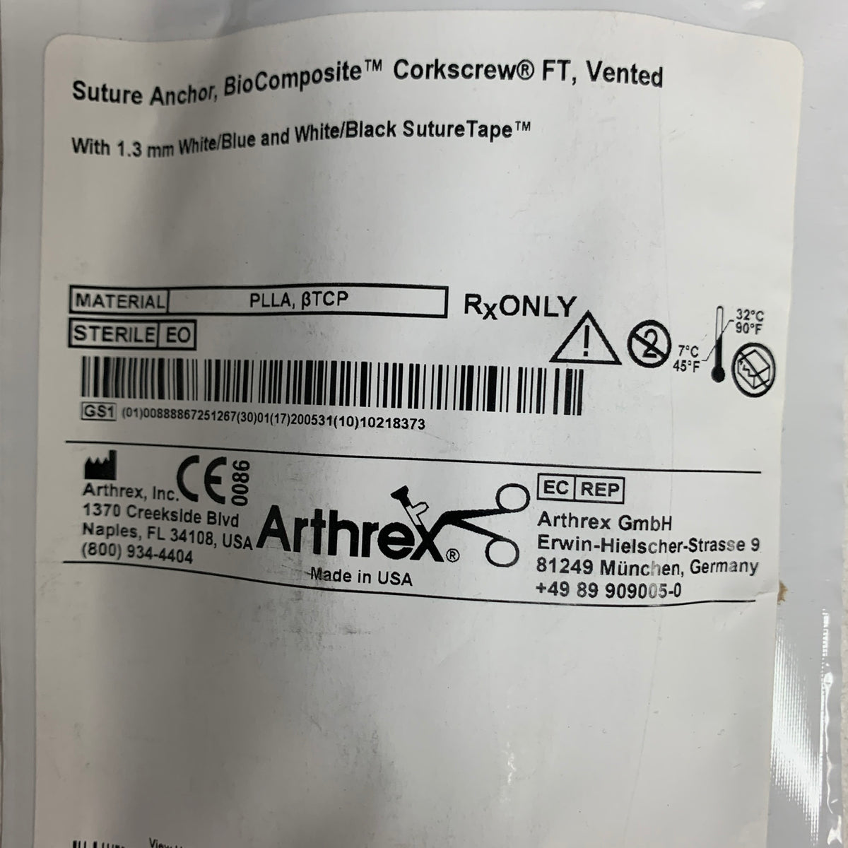 ARTHREX AR-1927BCT BioComposite Corkscrew FT Vented Suture Anchor 5.5 x 14.7mm, EXP 2020-05