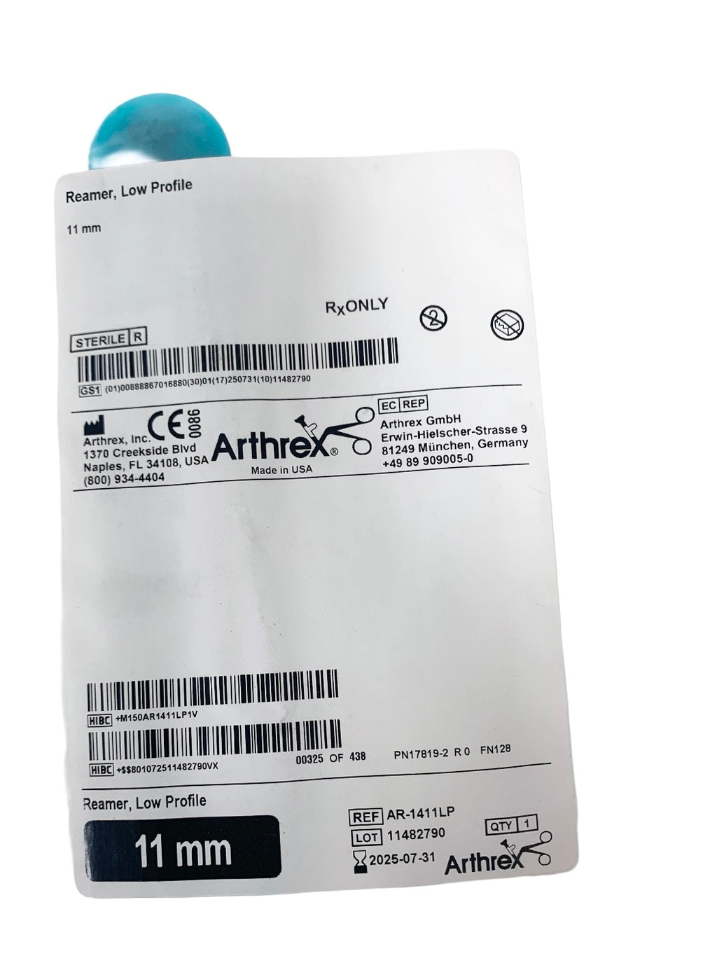 ARTHREX REF AR-1411LP Low Profile Reamer 11mm - Sterile Surgical Drill, EXP.2025-07