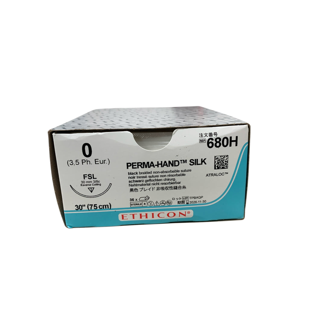 ETHICON 680H 0 3.5 Ph. Eur. PERMA-HAND SILK black braided non-absorbable suture FSL 30 mm 3/8c 30'' box of 36 EXP 2028 11