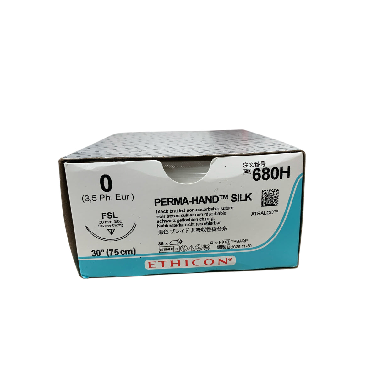 ETHICON 680H 0 3.5 Ph. Eur. PERMA-HAND SILK black braided non-absorbable suture FSL 30 mm 3/8c 30'' box of 36 EXP 2028 11