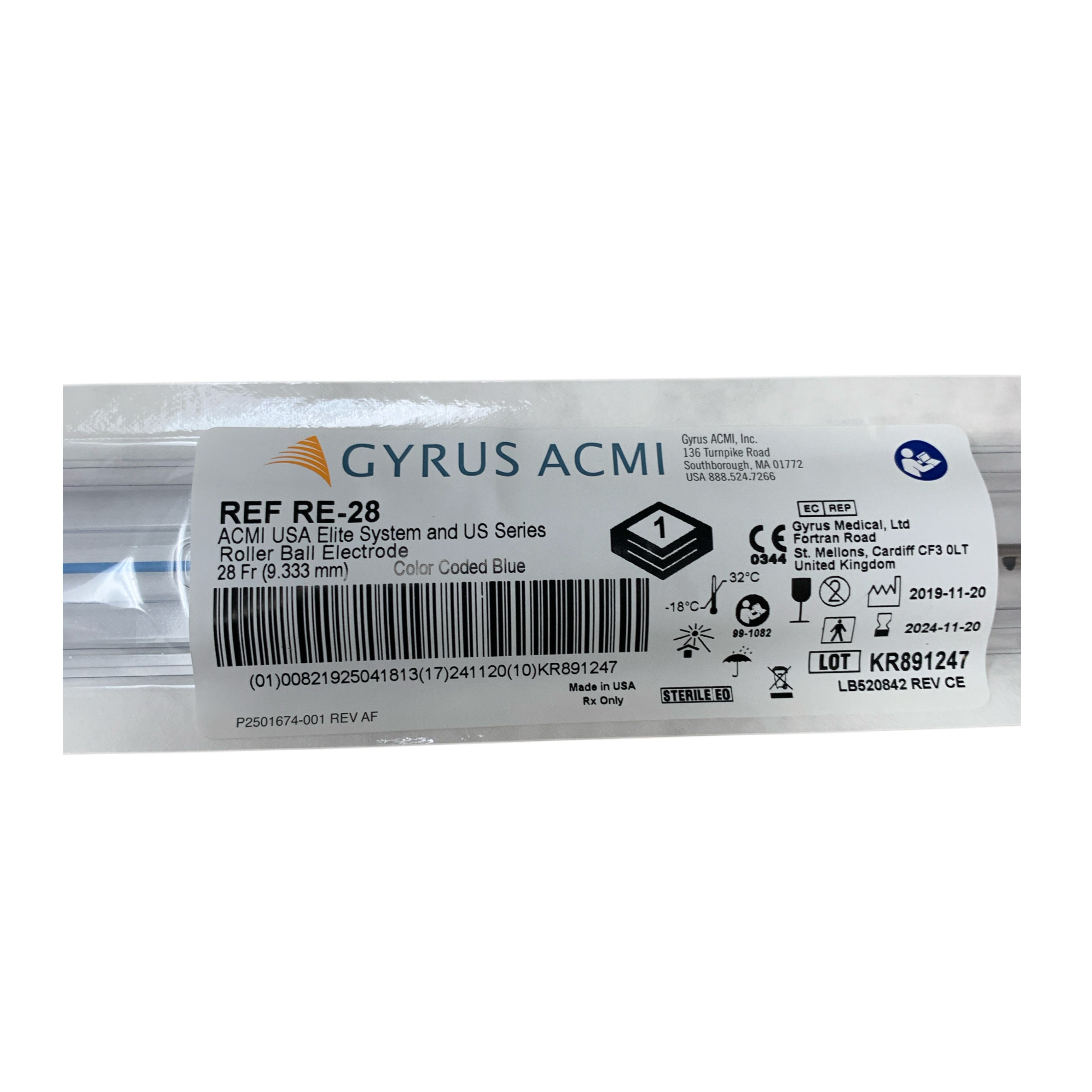 GYRUS ACMI REF RE-28 USA Elite System and US Series Roller Ball Electrode 28 Fr Color Coded Blue Exp 2024 11