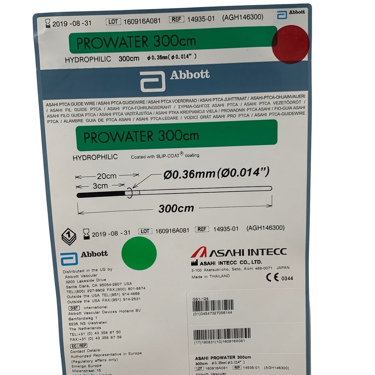 ABBOTT ASAHI INTECC 14935-01 Prowater PTCA Guidewire Hydrophilic 0.36mm 0.014in 300cm Exp 2019 08