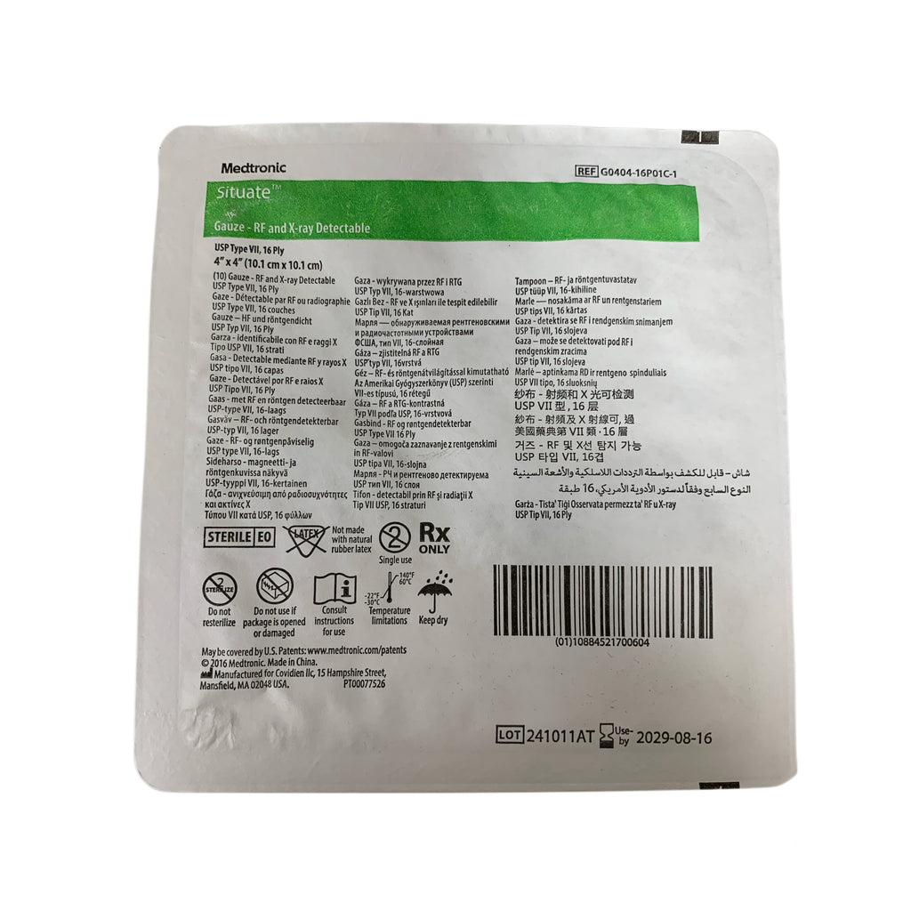 MEDTRONIC G0404-16P01C-1 Situate Gauze RF and X-ray Detectable USP Type VII 16 Ply 4" x 4" Exp 2029 08