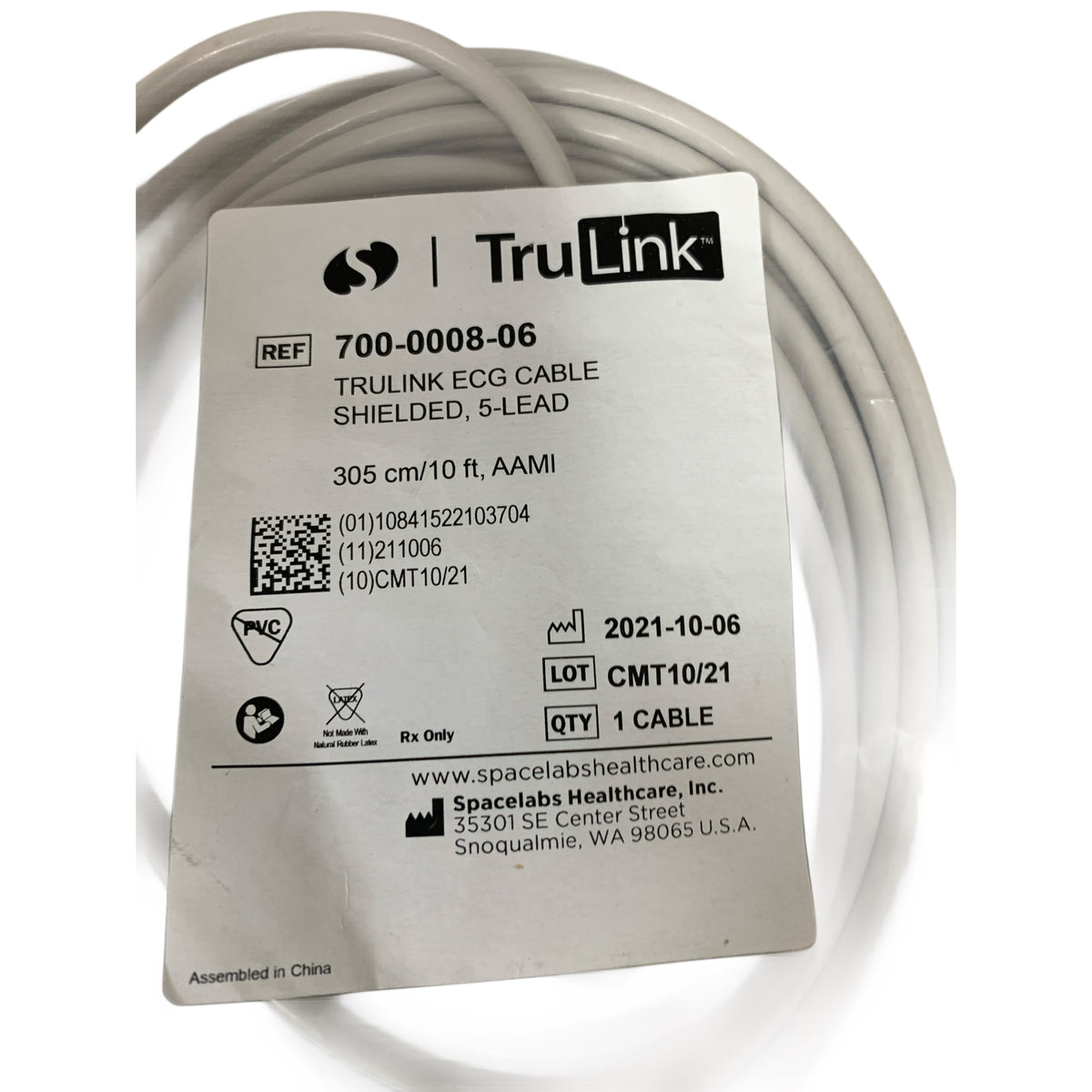SPACELABS Healthcare 700-0008-06 TruLink ECG Cable Shielded 5-Lead 305 cm/10 ft AAMI