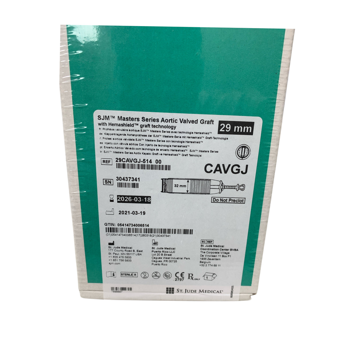 ST JUDE MEDICAL 29CAVGJ514 SJM Masters Series Aortic Valved Graft with Hemashield graft technology 29 mm EXP 2026 03