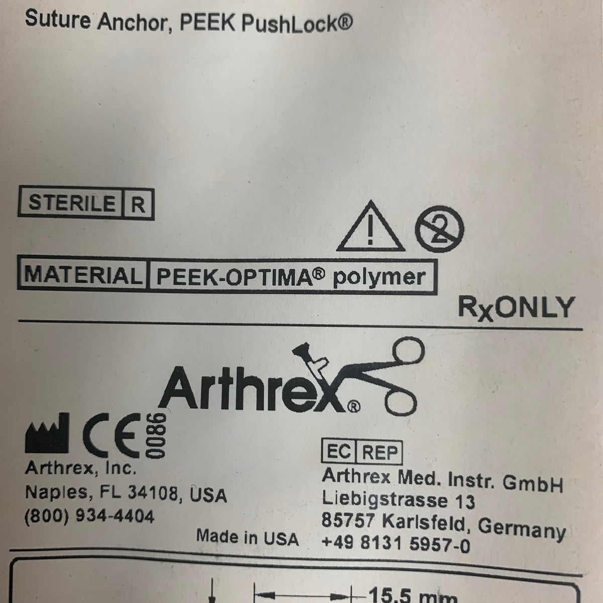 ARTHREX AR-1923PS PEEK PushLock Suture Anchor 2.9 x 15.5mm EXP 2019 12