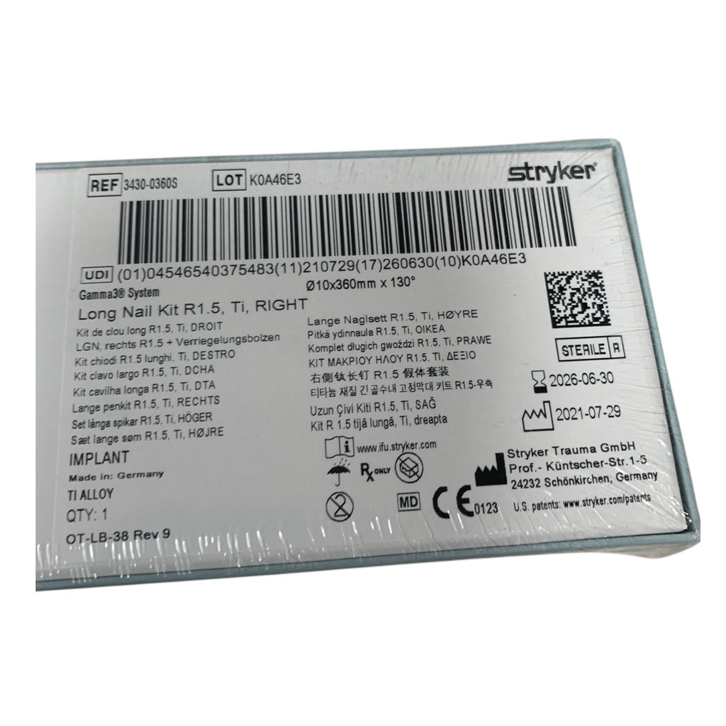 STRYKER 3430-0360S Gamma3 System Long Nail Kit R1.5 Ti Right 10x360mm x 130 Exp 2026 06
