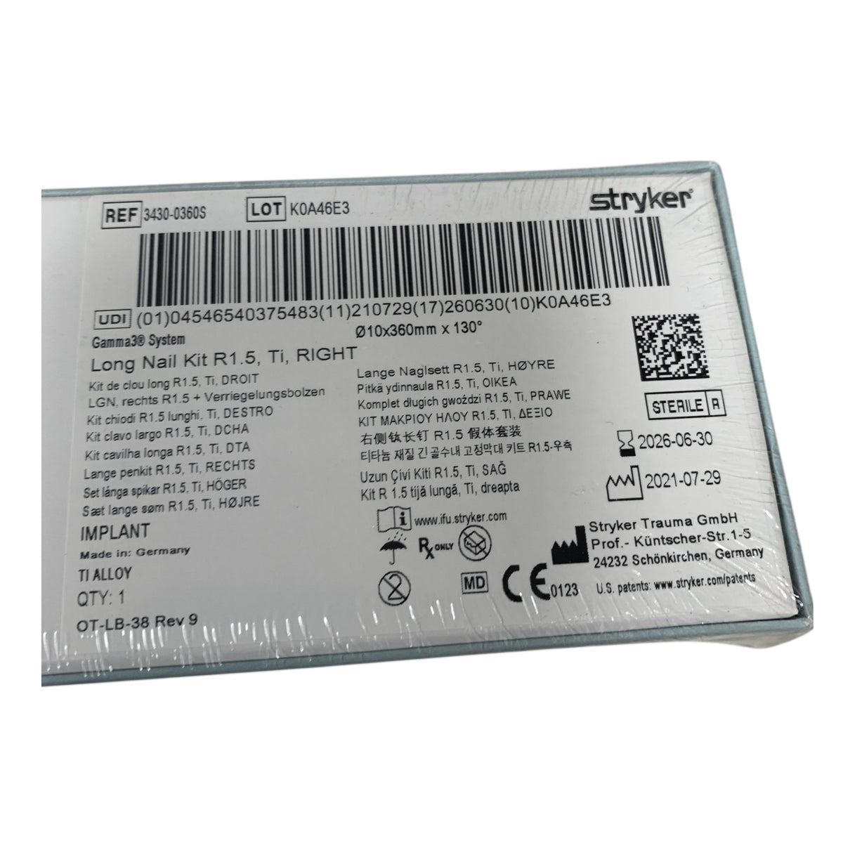 STRYKER 3430-0360S Gamma3 System Long Nail Kit R1.5 Ti Right 10x360mm x 130 Exp 2026 06