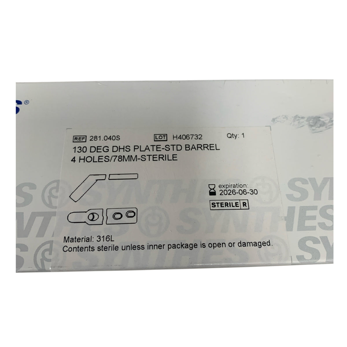 SYNTHES 281.040S 130 DEG DHS Plate STD Barrel 4 Holes 78mm Sterile Exp 2026 06