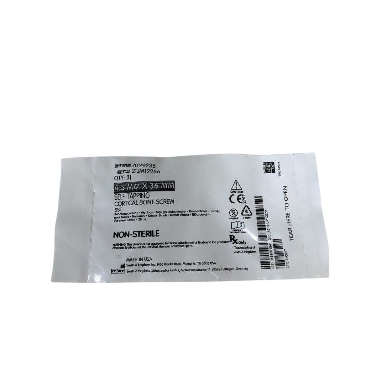 SMITH & NEPHEW 71129236 Self Tapping Cortical Bone Screw SST 4.5 mm X 36 mm Non Sterile