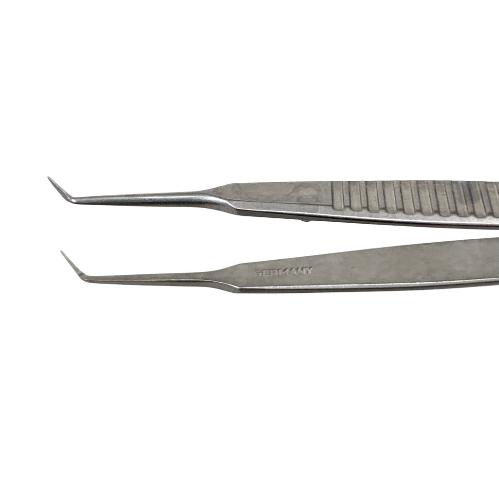 AMBLER REF 2445E McPherson tying forceps 3 3/8'',angled shafts, 4.0mm from bend to tip, 4.0mm tying platforms, narrow serrated flat handle