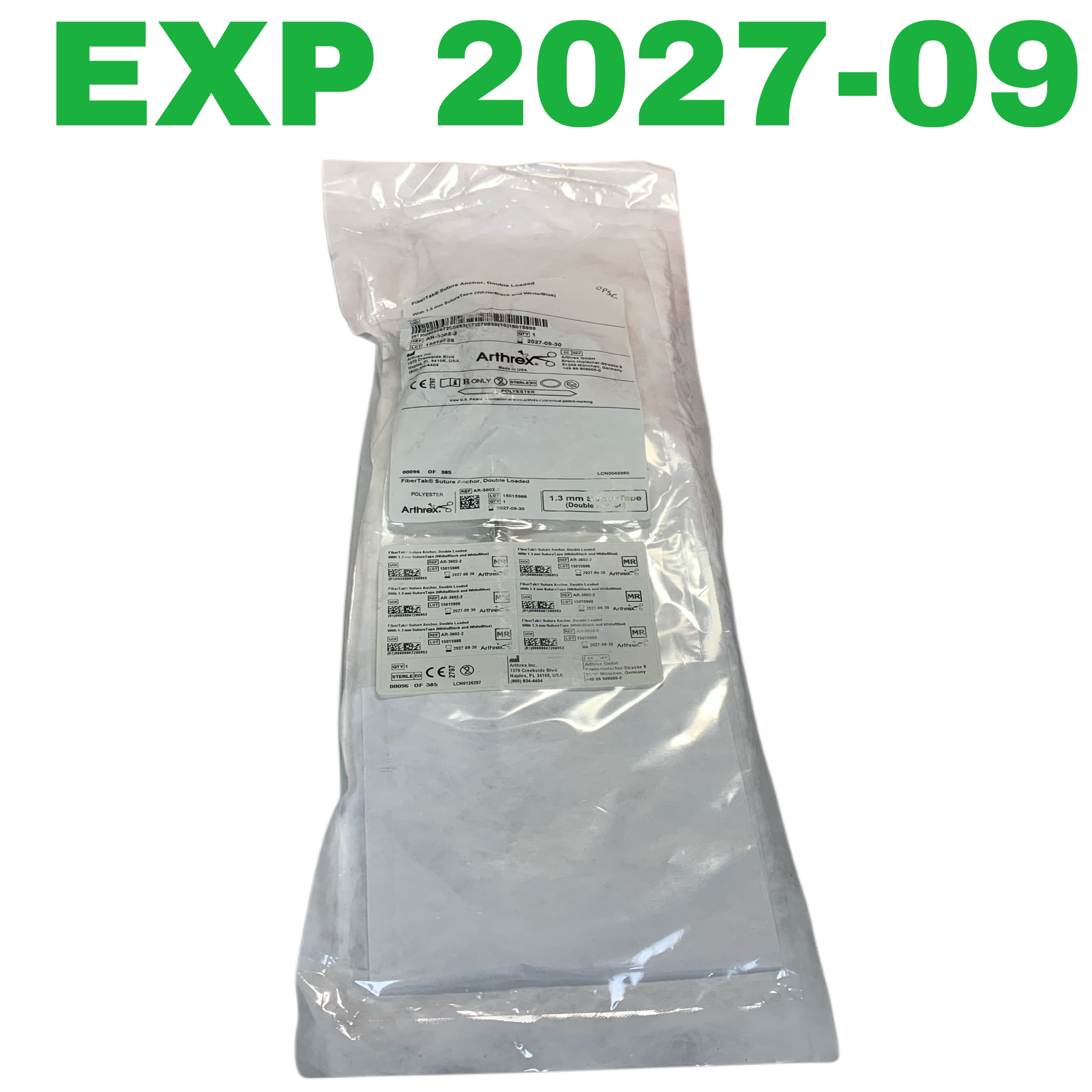 ARTHREX REF AR-3602-2 FiberTak Suture Anchor Double Loaded with 1.3 mm SutureTape White Black Blue, Exp.2027/09